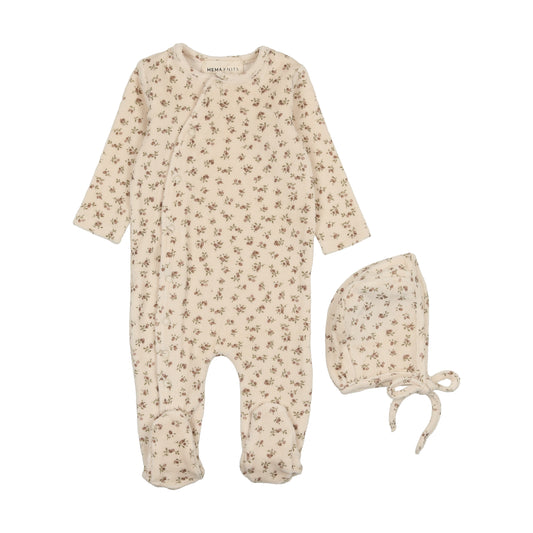 MEMA KNITS CREAM/PINK VELOUR FLORAL FOOTIE + BONNET [FINAL SALE]