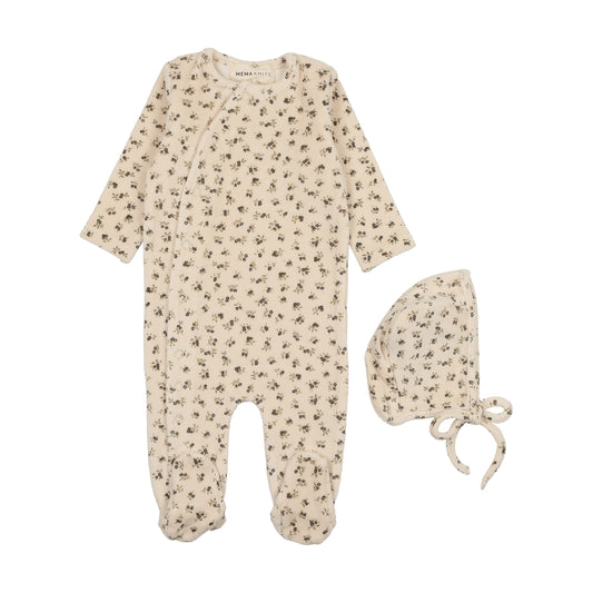 MEMA KNITS CREAM/BLUE VELOUR FLORAL FOOTIE + BONNET [FINAL SALE]