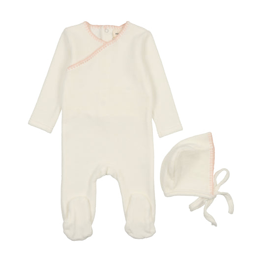 MEMA KNITS IVORY/PINK VELOUR TRIM FOOTIE + BONNET