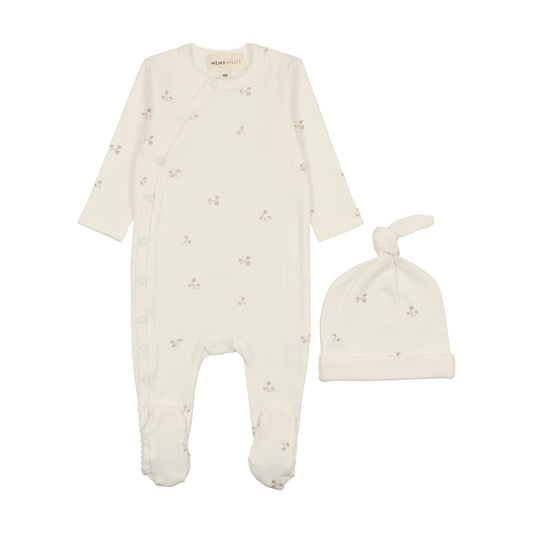 MEMA KNITS IVORY/PINK VINE PRINTED FOOTIE + BENIE