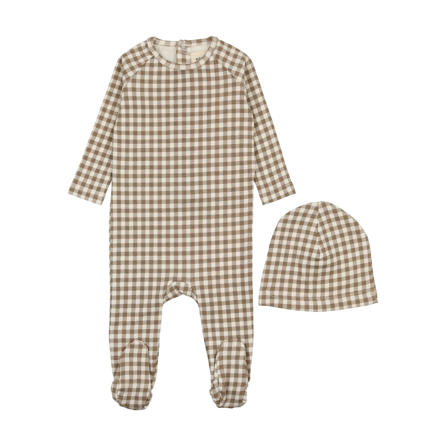 MEMA KNITS TAUPE GINGHAM FOOTIE + BEANIE