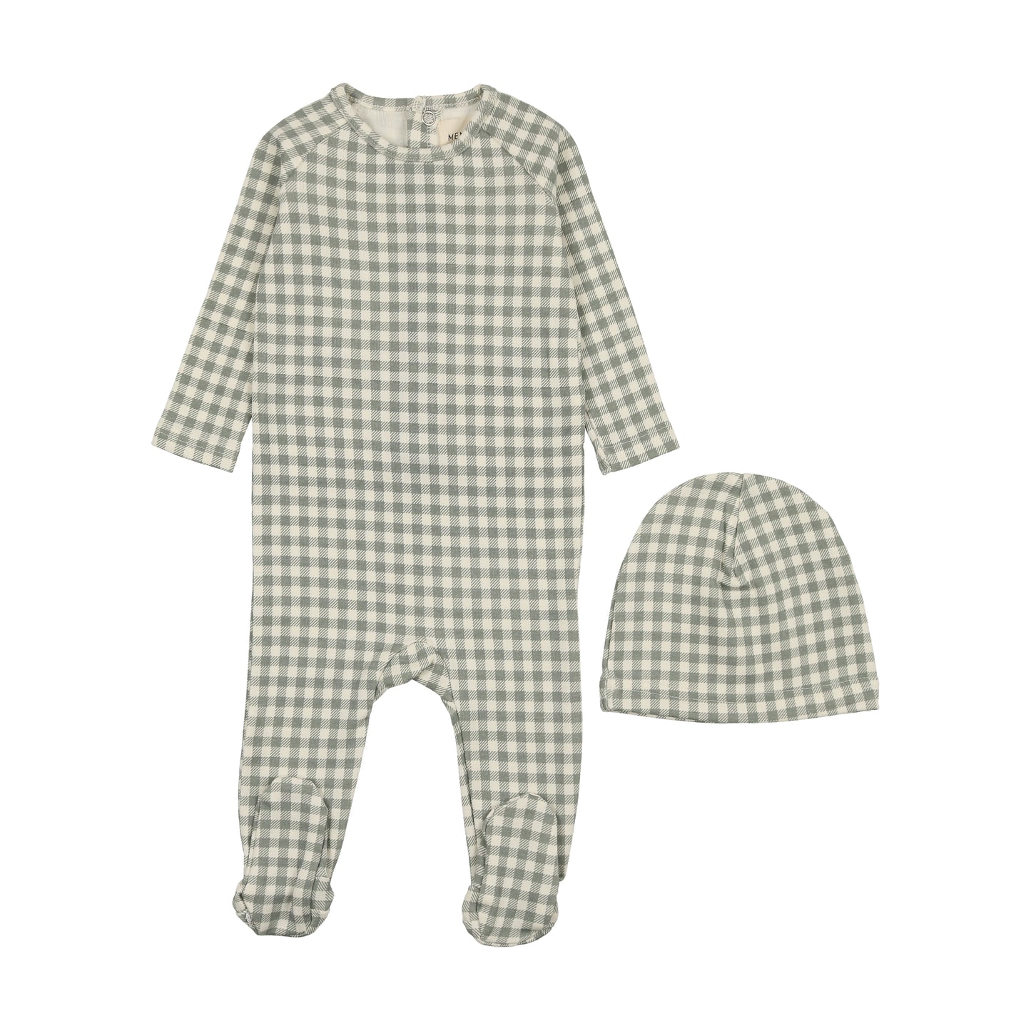 MEMA KNITS BLUE GINGHAM FOOTIE + BEANIE