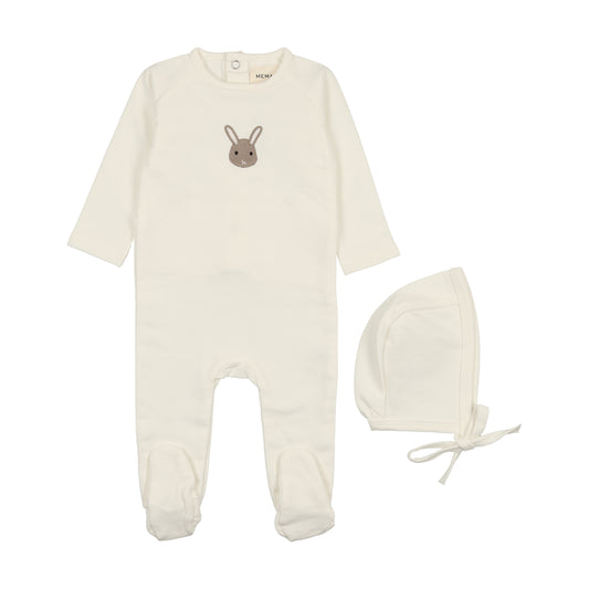 MEMA KNITS IVORY BUNNY FOOTIE + BONNET