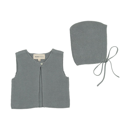 MEMA KNITS DUSTY BLUE CHUNKY KNIT VEST + BONNET