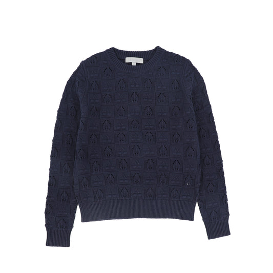 BACE COLLECTION NAVY CHECKED BUBBLE KNIT SWEATER
