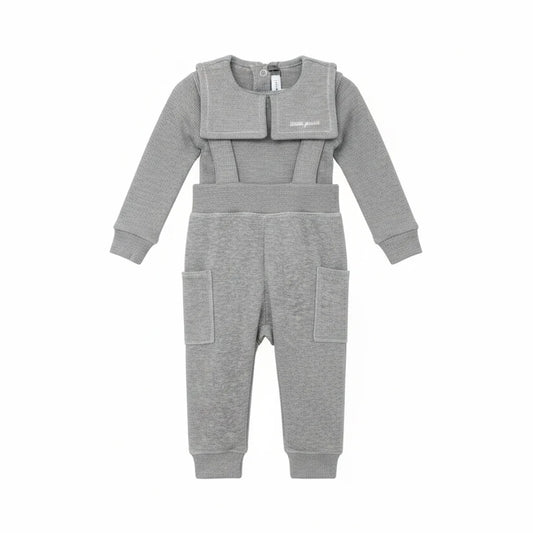 LITTLE PARNI GREY VELOUR SUSPENDER OVERALL SET