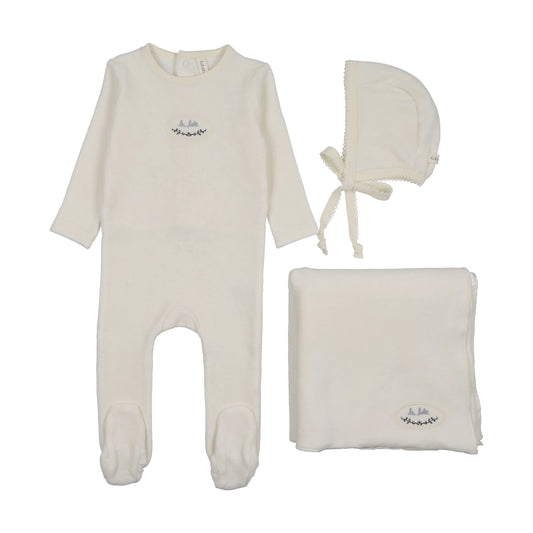 LILETTE CREAM/BLUE VELOUR PATCH LAYETTE SET