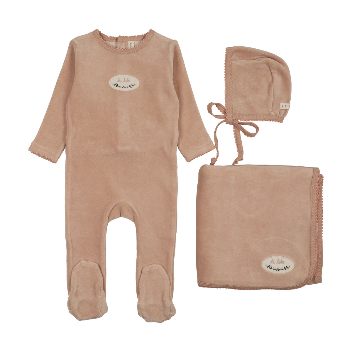 LILETTE DUSTY PINK VELOUR PATCH LAYETTE SET