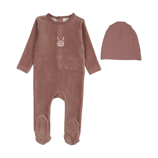 LILETTE MAUVE VELOUR GINGHAM BUNNY FOOTIE SET