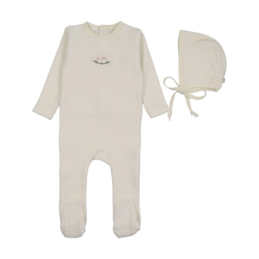 LILETTE CREAM/PINK VELOUR PATCH FOOTIES SET