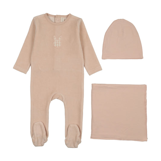 LILETTE PALE PINK VELOUR GINGHAM BUNNY LAYETTE SET