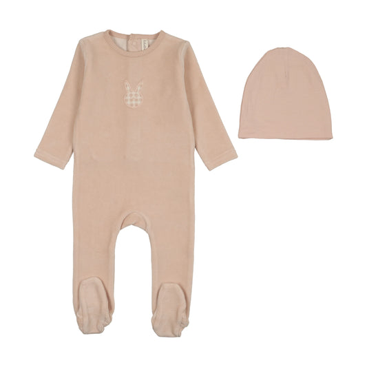 LILETTE PALE PINK VELOUR GINGHAM BUNNY FOOTIE SET