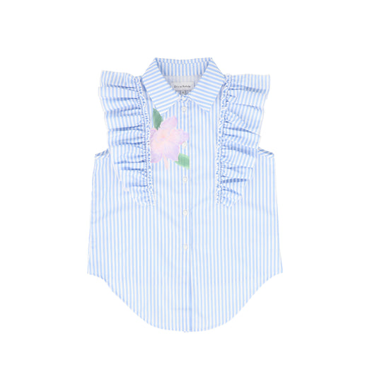 OLIVIA ROHDE BLUE STRIPE FLOWER RUFFLE TRIM BLOUSE