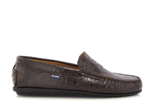ATLANTA MOCASSIN CHOCOLATE BROWN CROC LEATHER PENNY LOAFER