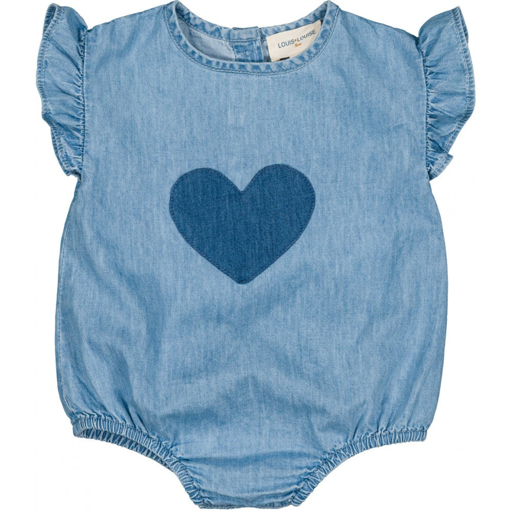 LOUIS LOUISE BLUE DENIM HEART RUFFLE ROMPER