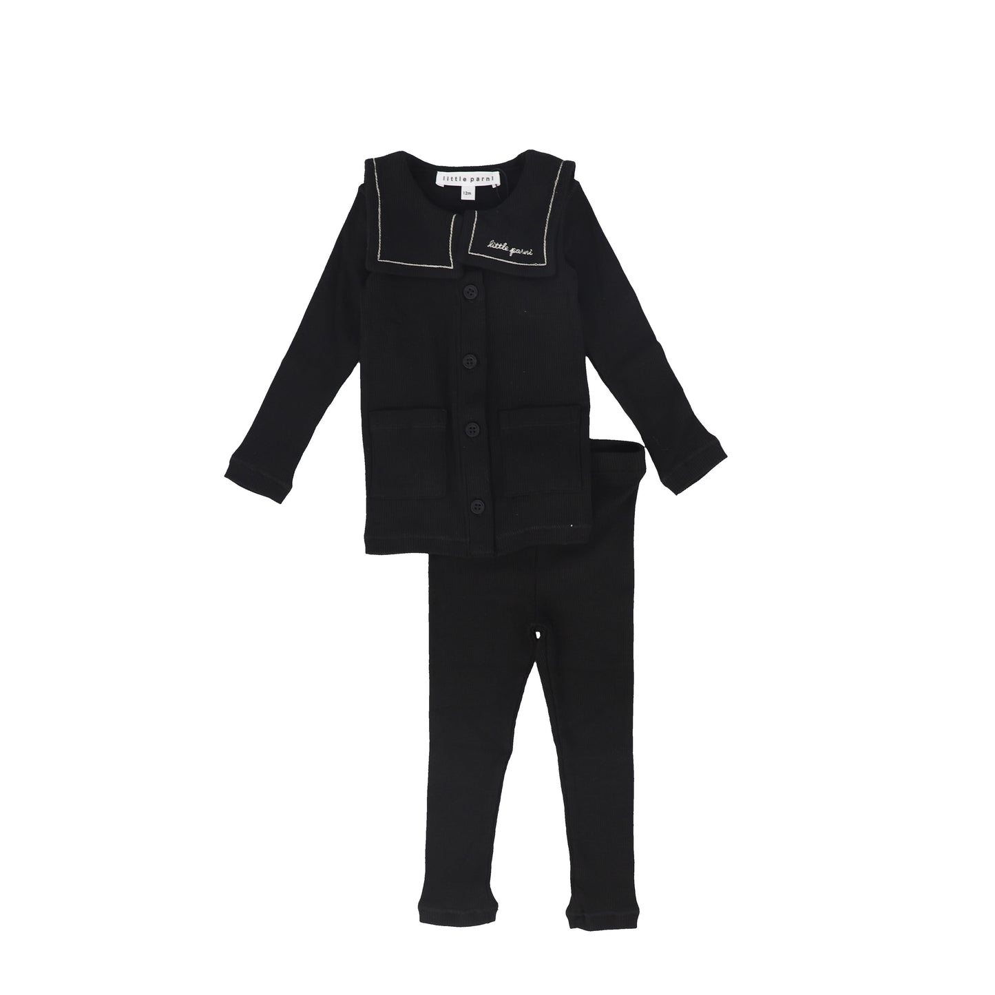 LITTLE PARNI BLACK BIB COLLARED BUTTON CARDIGAN SET