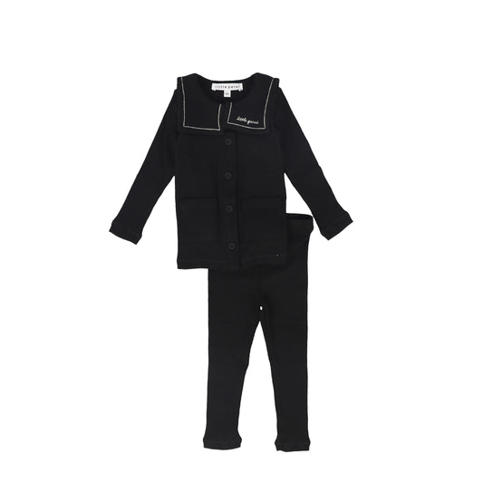 LITTLE PARNI BLACK BIB COLLARED BUTTON CARDIGAN SET
