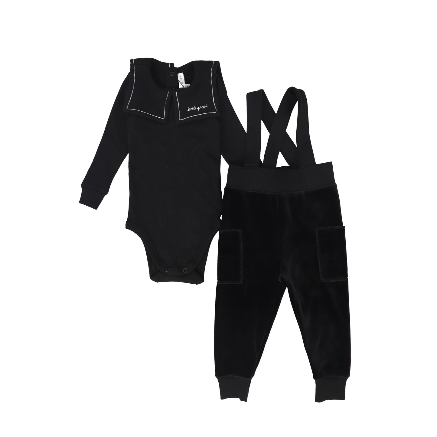 LITTLE PARNI BLACK VELOUR SUSPENDER OVERALL SET