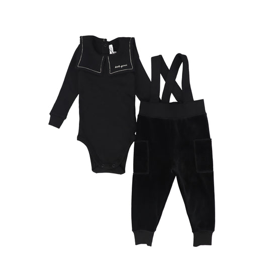 LITTLE PARNI BLACK VELOUR SUSPENDER OVERALL SET
