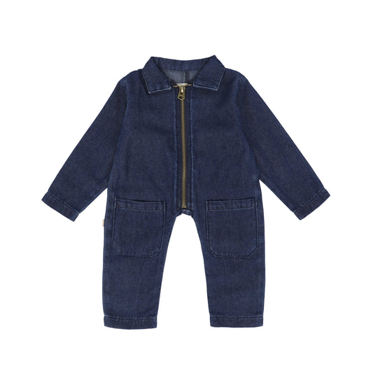 PLEASE MOM BLUE DENIM POCKET ROMPER