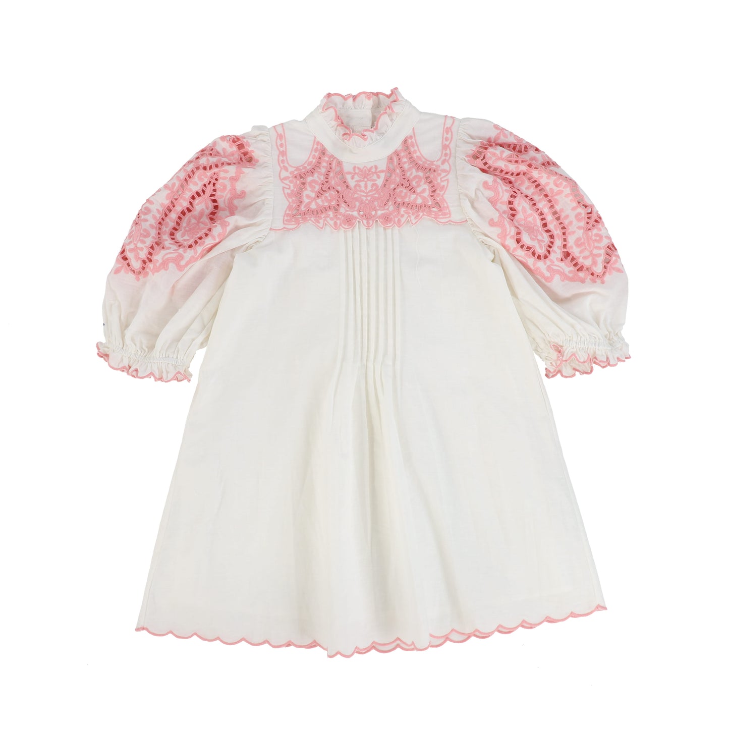 PETITE AMALIE WHITE/PINK EMBROIDERED LINEN SMOCKED DRESS