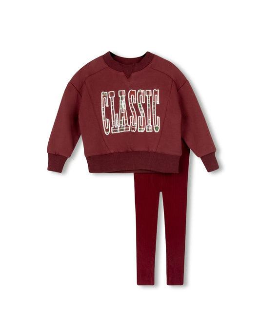 PHIL AND PHOEBE BURGUNDY WORDED RUFFLE TRIM SWEATSHIRT SET