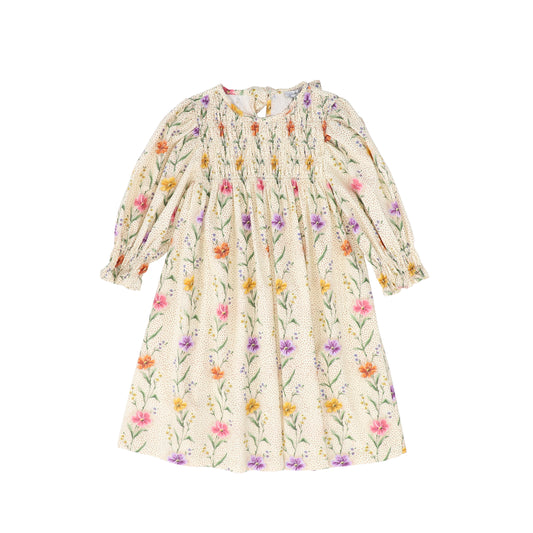 PICCOLA LUDO PEACH FLORAL DOT SMOCKED DRESS