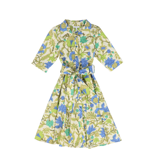 PICCOLA LUDO GREEN/BLUE FLOWER COLLAR DRESS