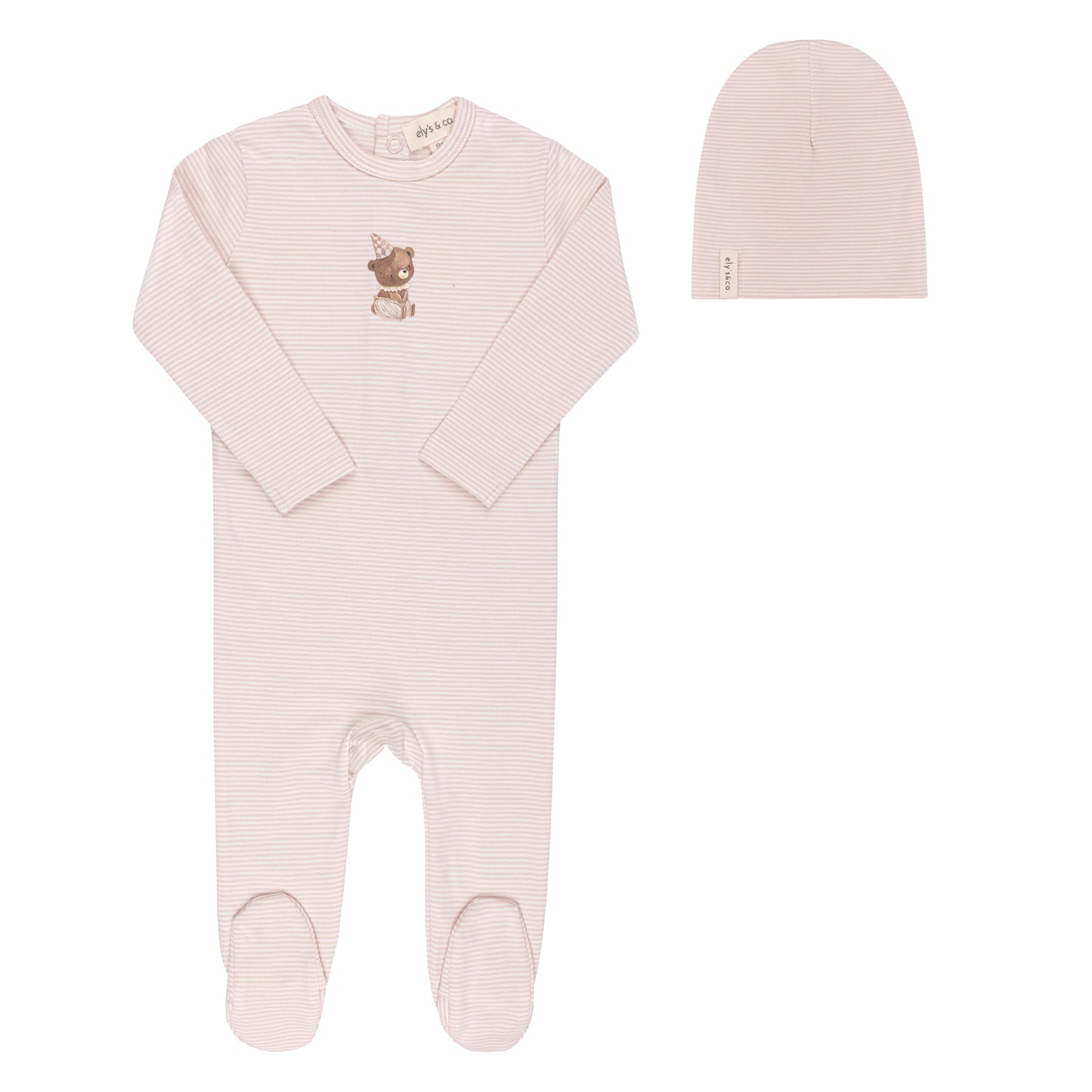 ELY'S & CO PINK STRIPED BEAR PATCH FOOTIE + BEANIE