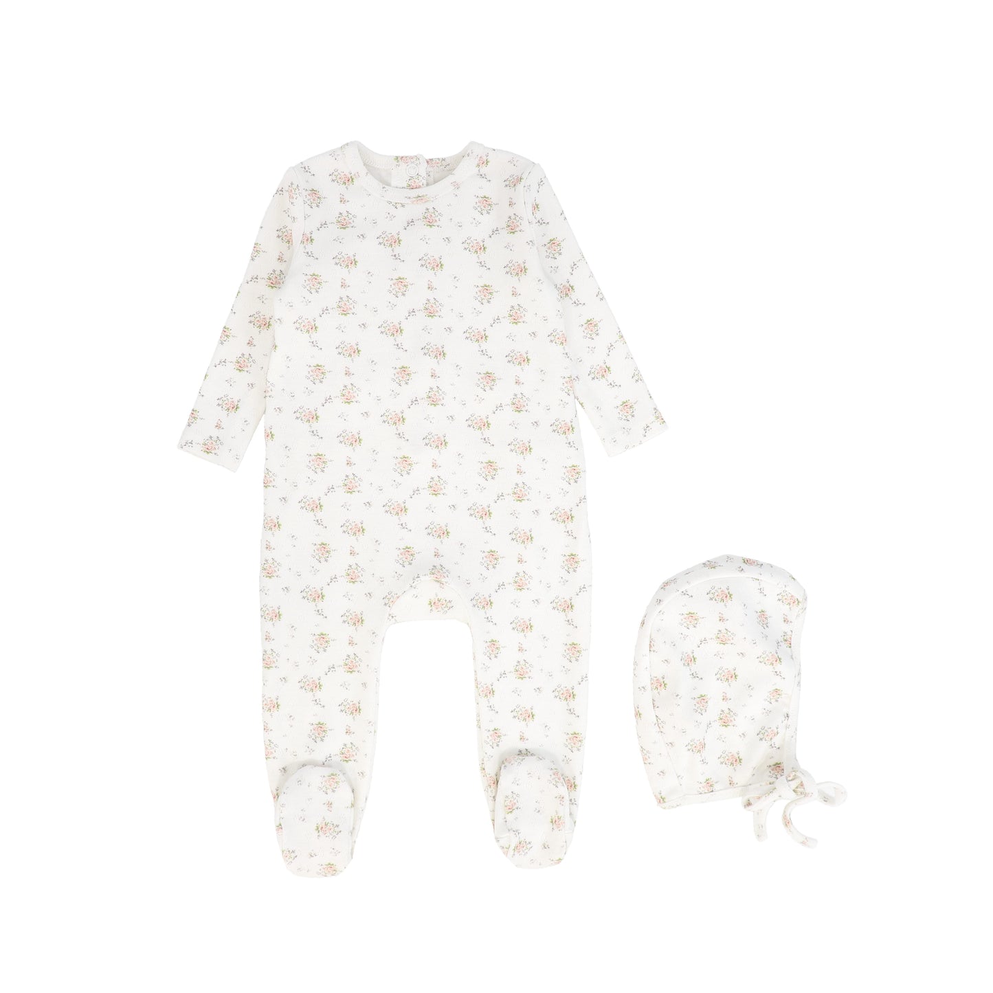 BEBE JOLEE PINK FLORAL PRINTED FOOTIE AND BONNET