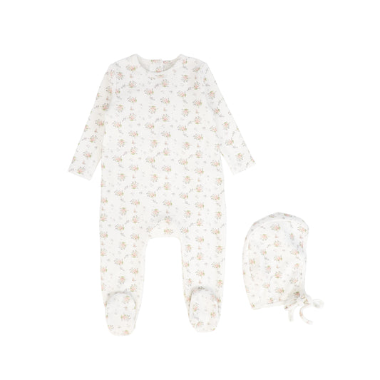BEBE JOLEE PINK FLORAL PRINTED FOOTIE AND BONNET