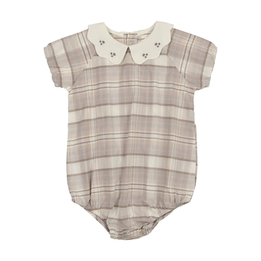 ANALOGIE TAN PLAID EMBROIDERED COLLAR ROMPER