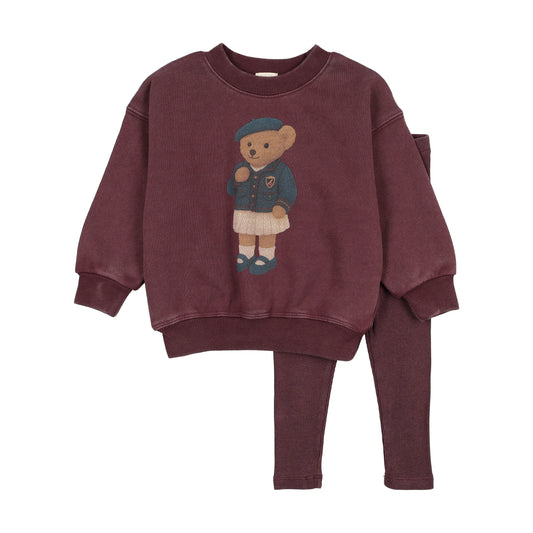 ANALOGIE WASHED BURGUNDY BEAR SWEATSHIRT SET GIRL