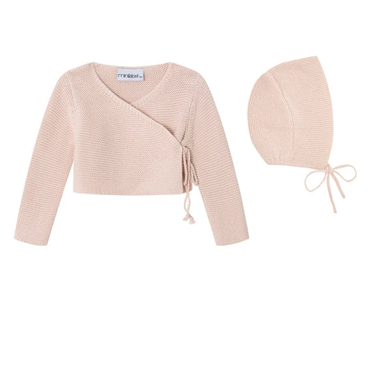 MINI LABEL PINK KNIT WRAP CARDIGAN + BONNET