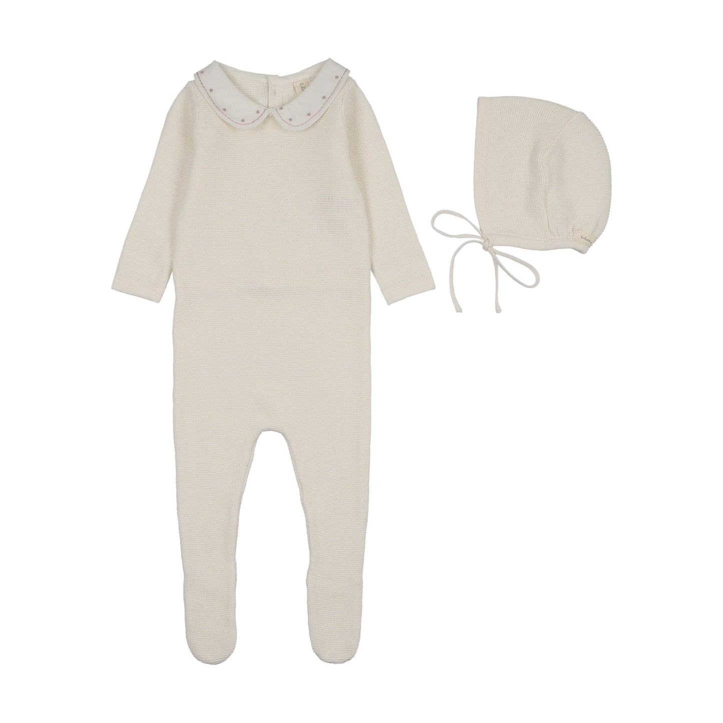 LILETTE CREAM/PINK EMBROIDERED KNIT COLLAR FOOTIE SET
