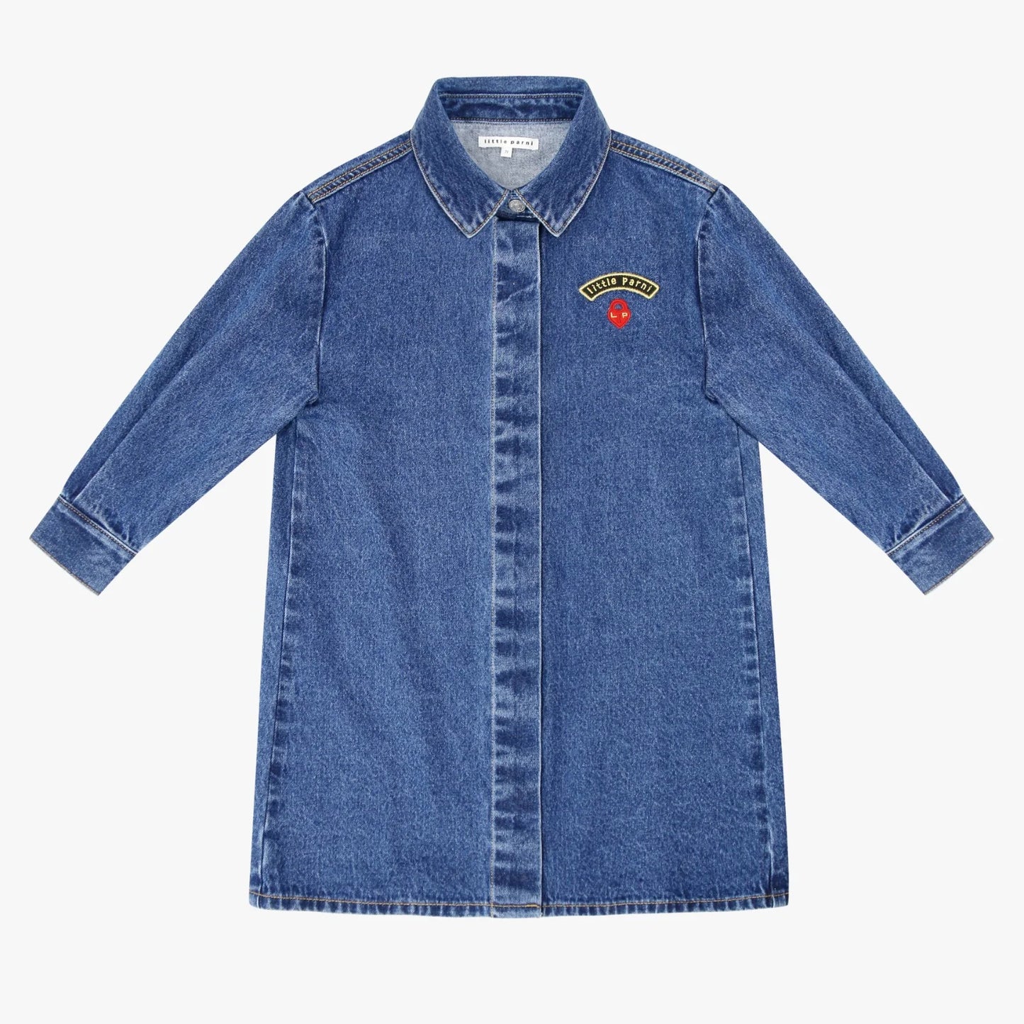 LITTLE PARNI BLUE DENIM EMBLEM DRESS