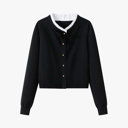 COCO BLANC BLACK CONTRAST MOCKNECK BOW CARDIGAN