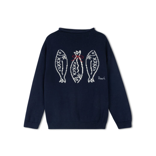 PEACH KIDS NAVY FISH KNIT BOW SWEATER