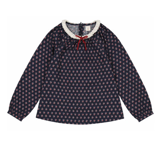 ANALOGIE NAVY PRINT HOME GARDEN LACE TRIM COLLARED BLOUSE