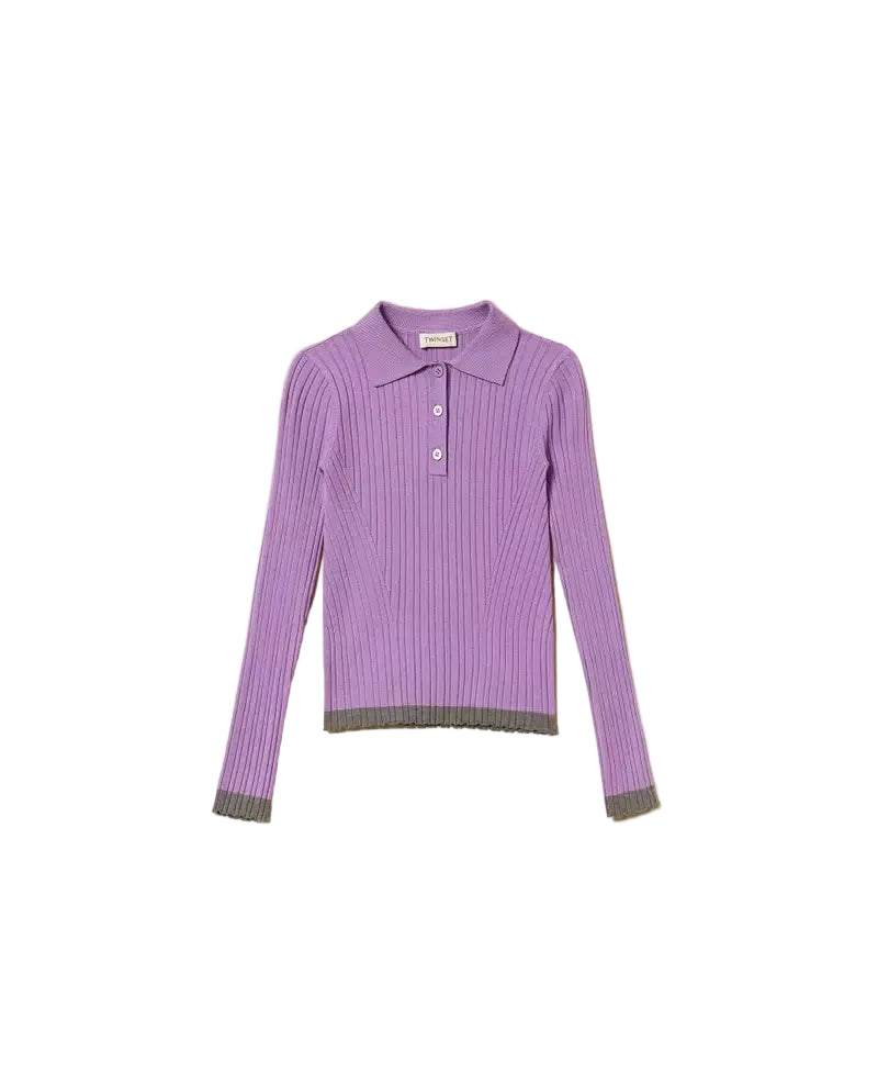 TWINSET PERIWINKLE/GREY TRIM RIBBED KNIT POLO