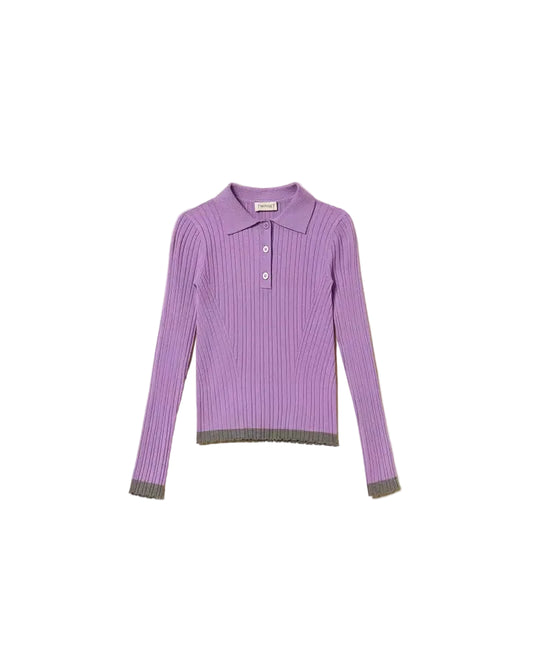 TWINSET PERIWINKLE/GREY TRIM RIBBED KNIT POLO