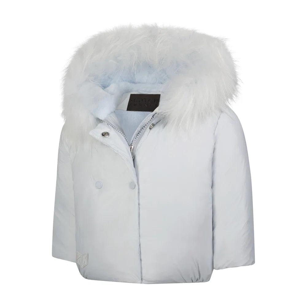 SCOTCH BONNET LIGHT BLUE FUR TRIM DOUBLE BREASTED PUFFER COAT