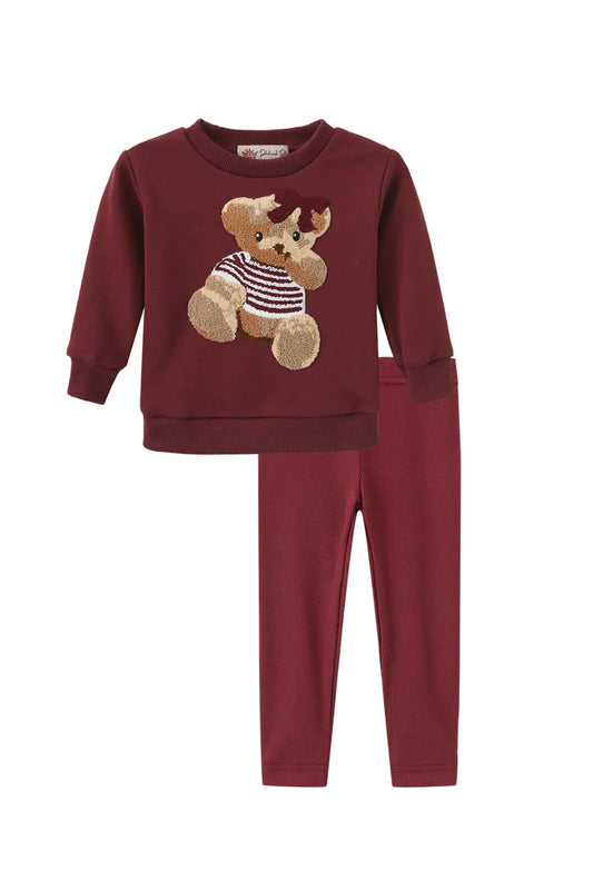 PHIL AND PHOEBE BURGUNDY SHERPA BOW BEAR PATCH SWEATSHIRT SET