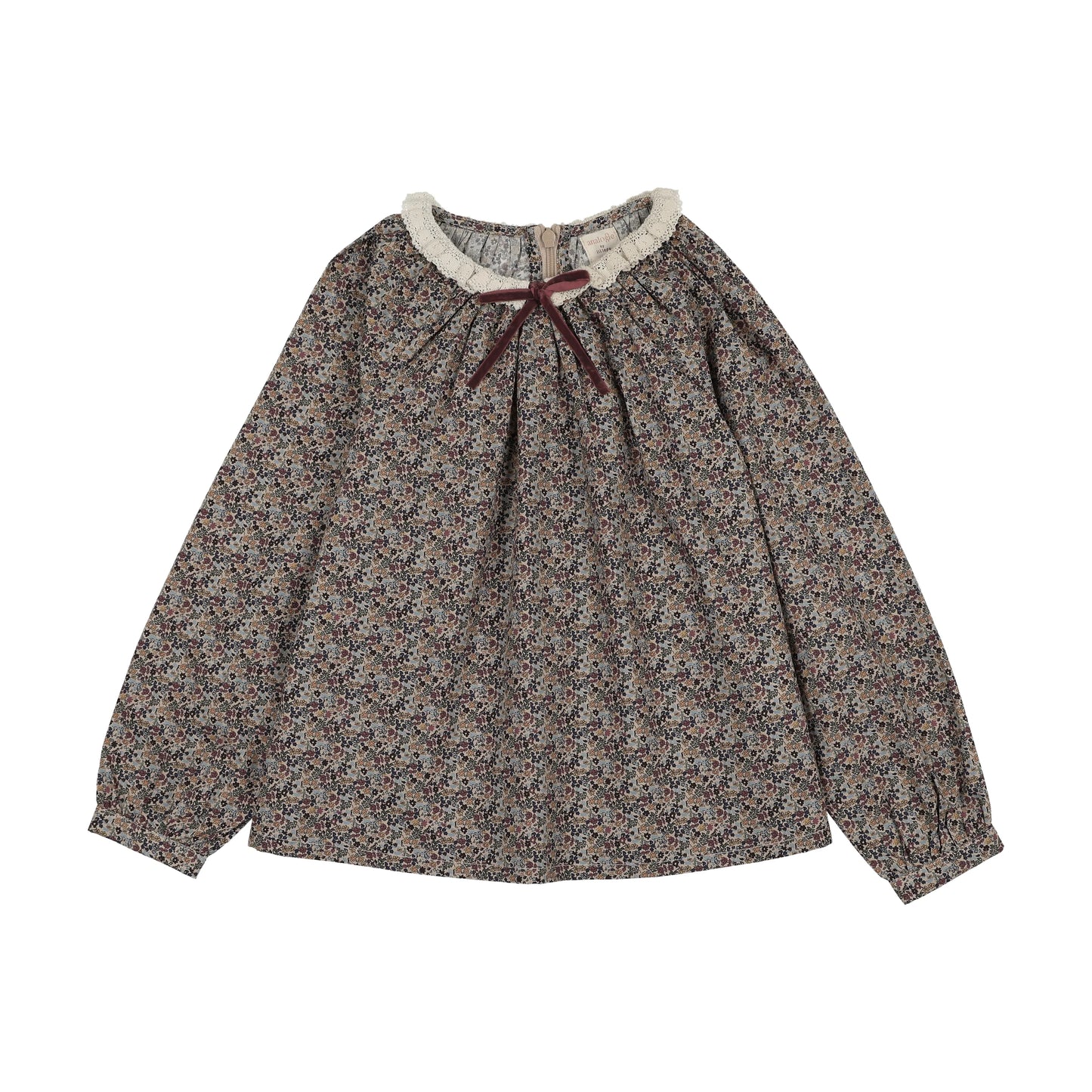 ANALOGIE OXFORD TAN PRIN HOME GARDEN LACE TRIM COLLARED BLOUSE