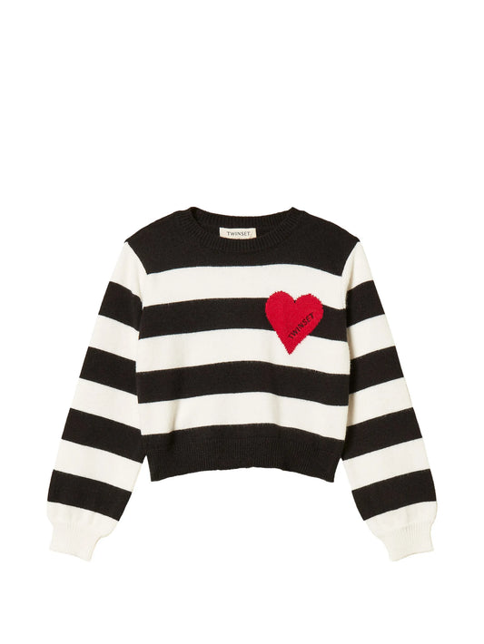 TWINSET BLACK/WHITE WIDE STRIPE HEART DETAIL KNIT SWEATER