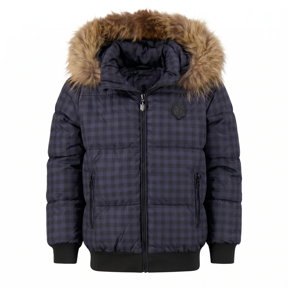 SCOTCH BONNET BROWN FUR NAVY GINGHAM PUFFER COAT
