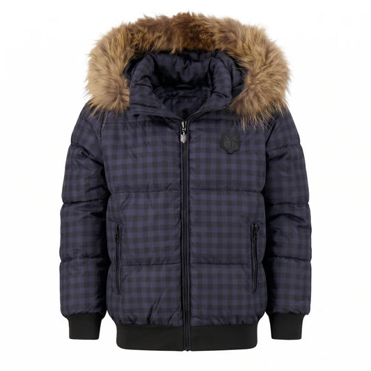 SCOTCH BONNET BROWN FUR NAVY GINGHAM PUFFER COAT