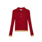 TWINSET RUBY/CAMEL TRIM RIBBED KNIT POLO SHIRT