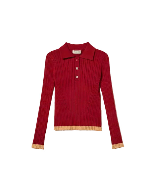 TWINSET RUBY/CAMEL TRIM RIBBED KNIT POLO SHIRT