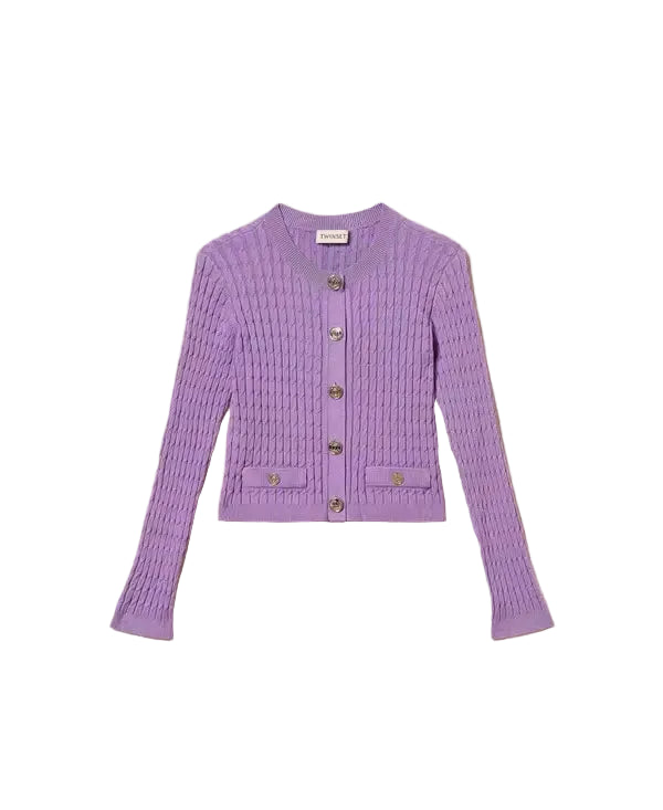 TWINSET PERIWINKLE CABLE KNIT CROPPED BUTTON CARDIGAN